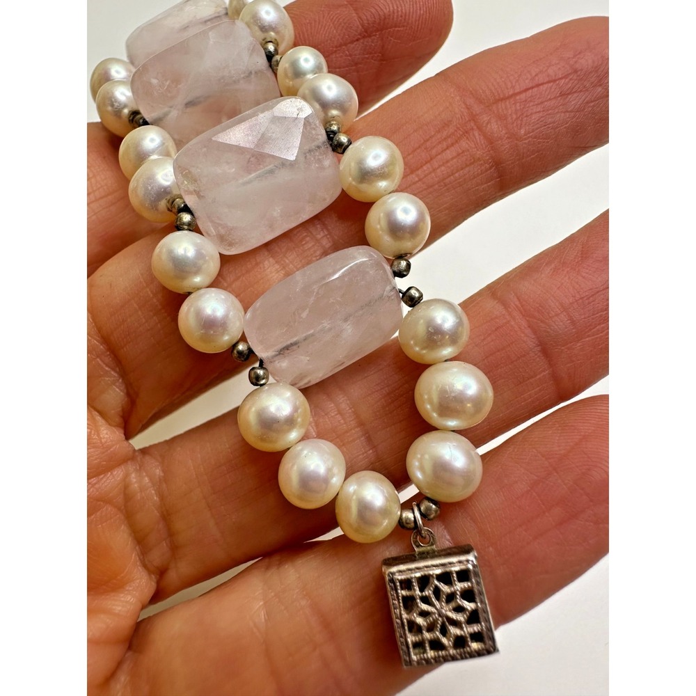 Genuine Pearl Rose Quartz Bracelet Beaded Silver Push Lock 8 inch Stunning